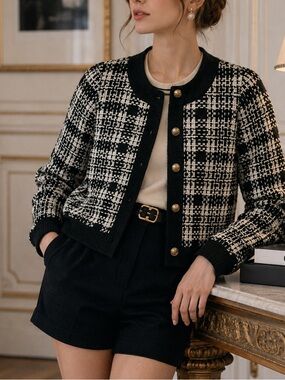 Zara Tweed Gold Button Black White Blazer S Preppy Dark Academia French Luxury